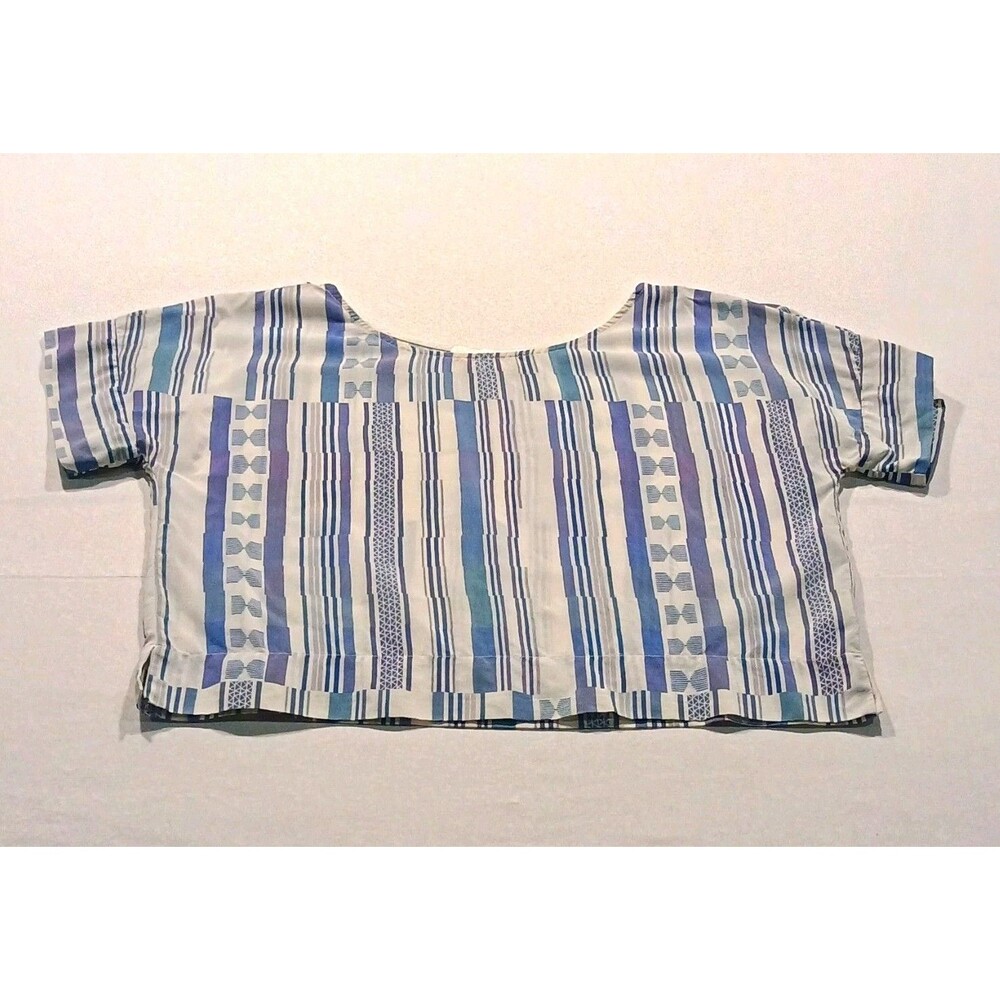 Morgan Carper 100% Silk Crepe Striped Crop Top Blouse Size XS/S Blue White